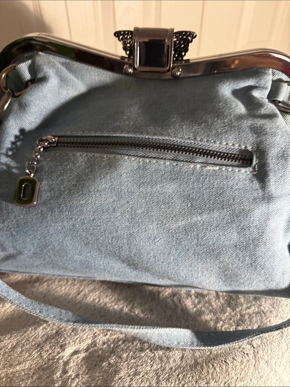 Unique Denim Blue Distressed Shoulder Bag with Embroidered Embellished Panel